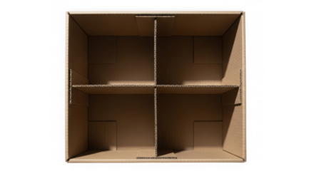 Empty cardboard box with internal dividers, four compartments