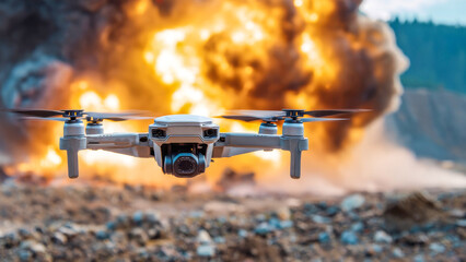 A drone captures the thrilling moment of an explosion in an open landscape, showcasing technology amidst raw natural power in a dramatic display