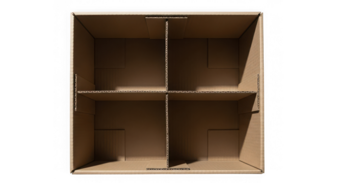 Empty cardboard box with internal dividers, four compartments