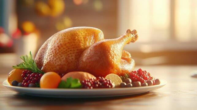 Golden-brown deep-fried turkey presented on an elegant platter, surrounded by fresh herbs and berries for a festive Thanksgiving celebration