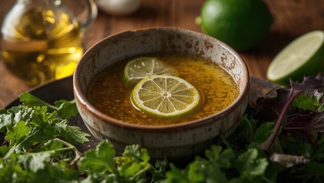 Homemade vinaigrette salad dressing featuring oil, vinegar, and mustard in a rustic style