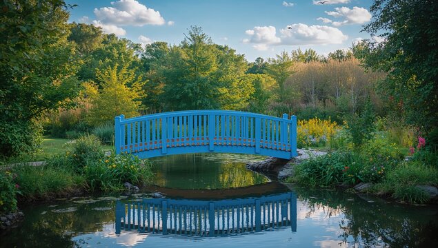 A blue wooden bridge spanning a tranquil pond within a garden during morning light, seasonal change