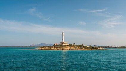 Lighthouse standing alone on an isolated island by the sea, a symbol of navigation and solitude