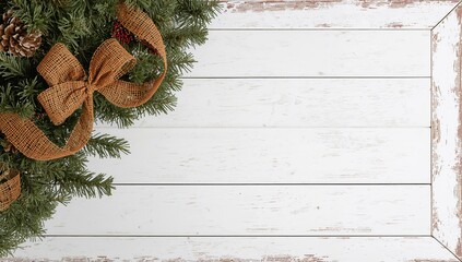 Christmas fir tree adorned with ornaments on a white wooden surface, festive decoration