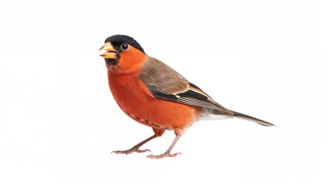 Male Eurasian bullfinch on a white backdrop, showcasing perky demeanor, questioning expression
