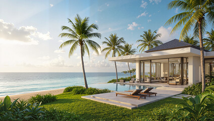 Fototapeta premium Luxury Beachfront Villa with Palm Trees