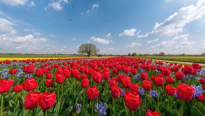Vibrant tulip flowers blooming in a picturesque spring garden, ideal for editorial backgrounds