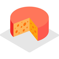 Round Red Cheese Wheel With A Slice Removed Showing Orange Interior And Holes In Isometric View