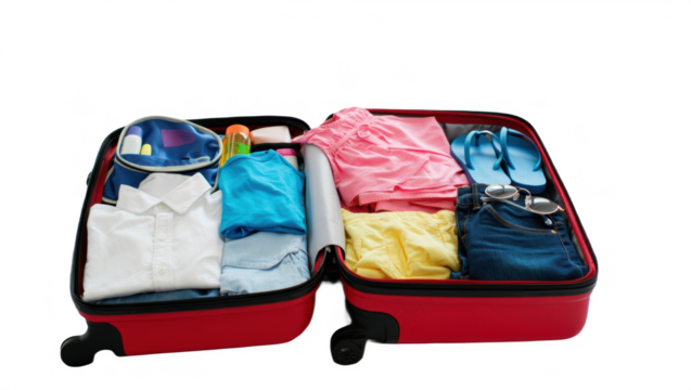 Open red suitcase packed with colorful clothes and travel items including shirts, shorts, jeans, slippers, and travel guide, isolated on transparent background. Travel luggage