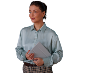 Confident young businesswoman holding tablet and looking away, standing isolated on transparent background