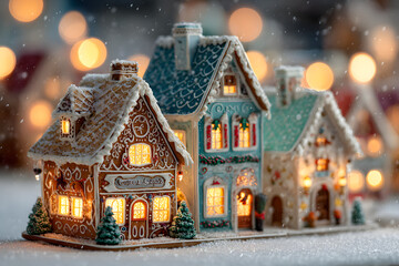 Fototapeta premium gingerbread houses with bokeh lights warm christmas scene, made with generative ai