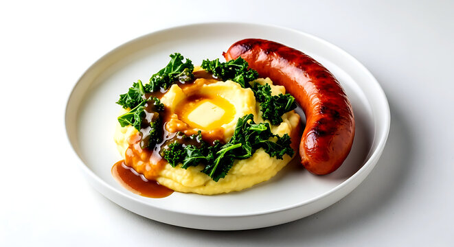 Dutch stamppot, a smooth mash of potatoes and curly kale with a juicy smoked sausage on the side, served on a minimalist white ceramic plate 