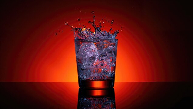 Closeup of a glass filled with ice water, reflecting on a mirrored surface, showcasing vibrant neon colors, beneficial hydration choice