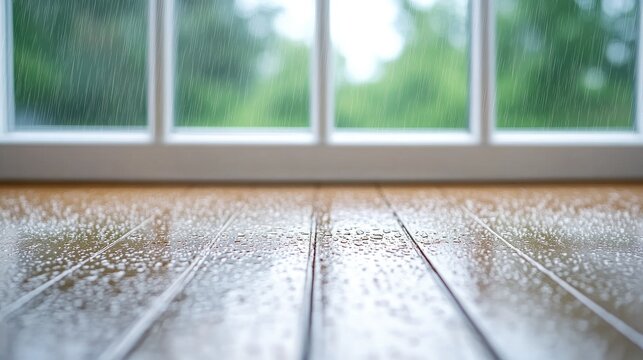 Rain-drenched window reveals blurred greenery, showcasing a serene indoor atmosphere on a rainy day