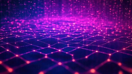 Glowing purple and pink interconnected grid pattern with floating particles creating a digital, futuristic atmosphere