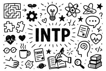 INTP personality doodle icons with logic and analytical thinking symbols in hand-drawn style, Transparent Background
