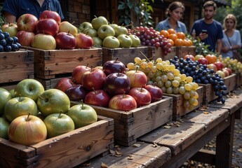 fresh apples and grapes displayed in wooden crates at a farmers market with blurred people in the background.
