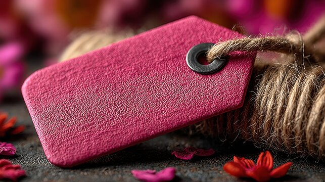Pink tag resting on a natural twine surrounded by colorful flower petals on a dark surface