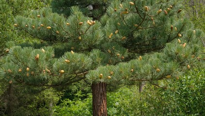 Springtime pine tree displaying cones