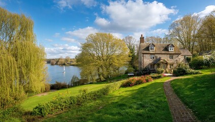 English cottage, showcasing traditional architecture, seasonal change