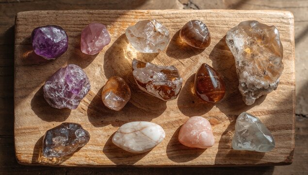 A variety of semiprecious stones such as fluorite, quartz, smoky quartz, and rose quartz arranged on a wooden board, decorative use