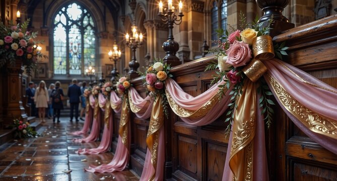 elegant wedding aisle decorations with floral arrangements and draped fabric in a historic church interior.