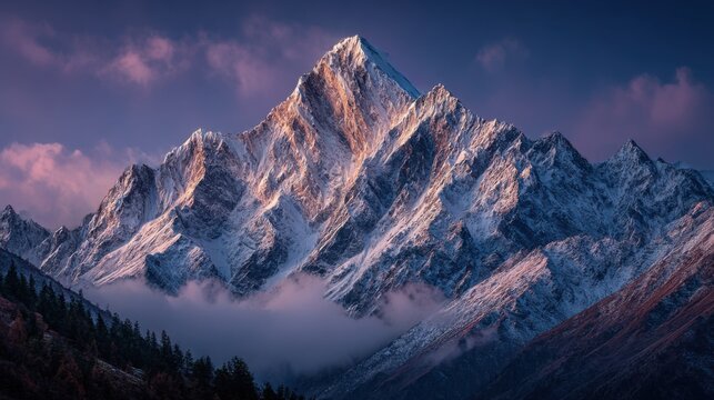 Majestic snow-capped mountain peak with colorful twilight sky and low clouds in serene landscape view