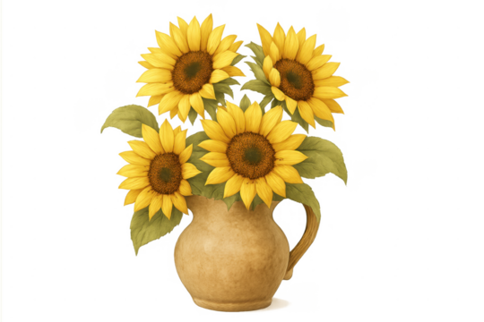 Sunflower bouquet in a ceramic pitcher on transparent background