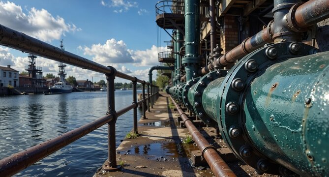 industrial pipes and railing alongside a waterway with ships in the background on a sunny day.