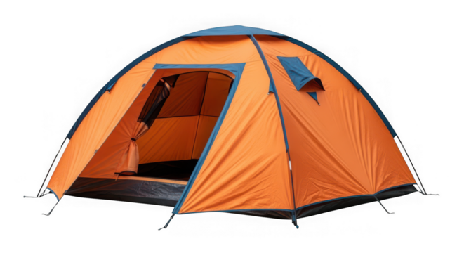 Vibrant orange and blue dome tent ready for outdoor adventures