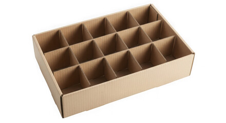 Brown corrugated cardboard packaging box with internal dividers