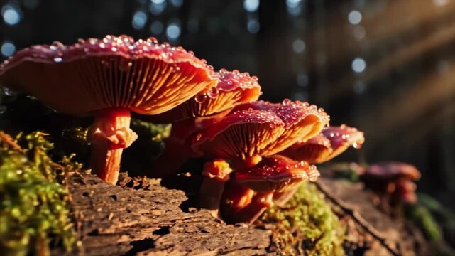 Close up of vibrant red mushrooms growing on mossy log in forest sunlight.