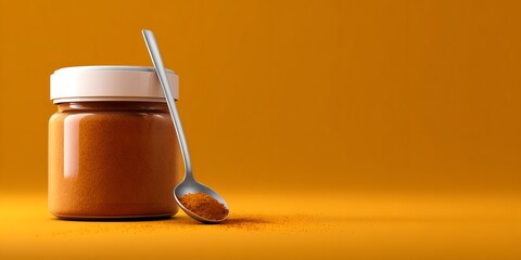 Glass jar filled with vibrant spice on bright orange background