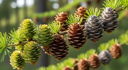 Larch cones on a branch with green needles in natural light.