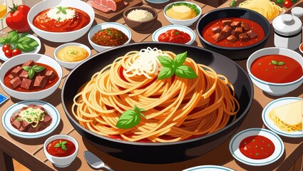 Delicious Spread of Italian Pasta Dishes Featuring Spaghetti and Tomato Sauce with Fresh Ingredients