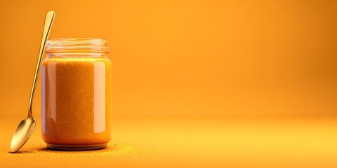 Glass jar filled with bright orange turmeric powder on orange backdrop