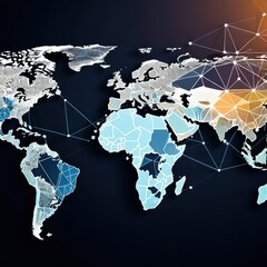 Detailed World Map Illustration with Geometric Connections and Data Points in Blue and White Colors