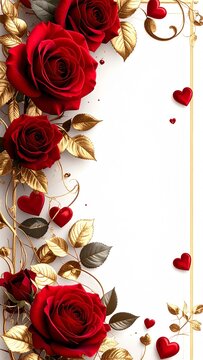 Vertical Valentine card with red and gold roses, luxury floral border isolated on white background, greeting design. Mockup, FPO, placement, copy space