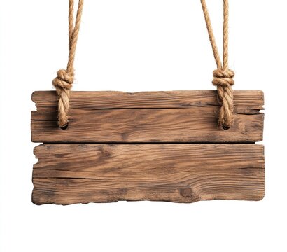 Rustic wooden sign hanging on ropes against a white backdrop, showcasing weathered beauty and unique character