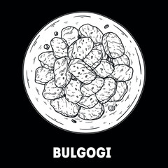 Bulgogi sketch. Korean food. Hand drawn vector illustration. Top view.