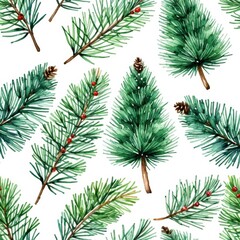 Pattern of Vibrant Evergreen Trees and Green Pine Branches on a White Background