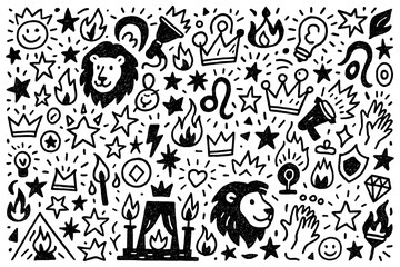 Leo zodiac doodle icons with stars and expressive symbols in hand-drawn style, Transparent Background