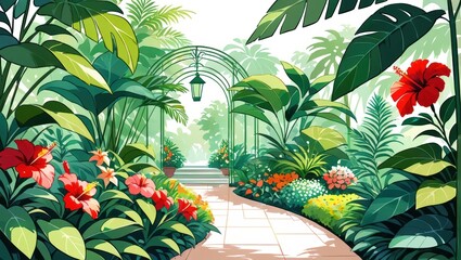 Lush Tropical Garden Pathway Surrounded by Vibrant Flowers and Green Plants in Serene Setting