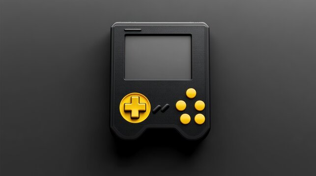 Black handheld gaming console with yellow buttons on a dark surface, minimalistic design conveying nostalgia and simplicity