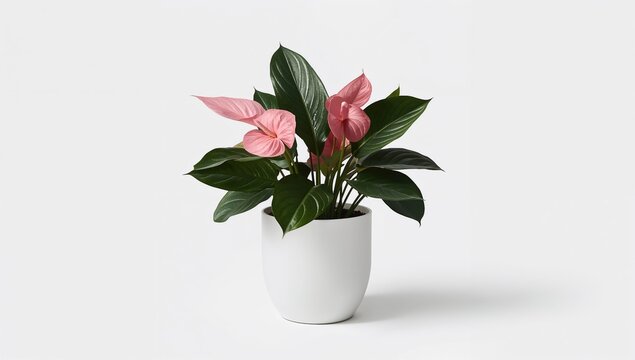 anthurium plant against a plain white backdrop, vibrant pink flower, beneficial houseplant choice
