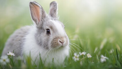 Fototapeta premium A close-up of a neighbor's gray rabbit eyes, observing surroundings, focus on details