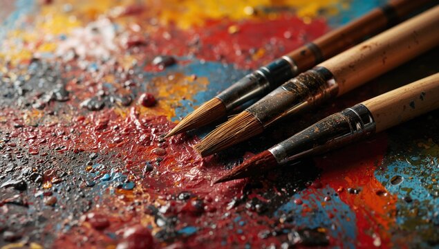 Conceptual image of a fine art gallery, showcasing a skilled painter's workspace with dirty paintbrushes on an oil-coated canvas, artistic process