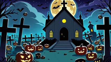Spooky Graveyard Scene with Jack o' Lanterns and a Dark Church Under a Full Moon in Halloween Night