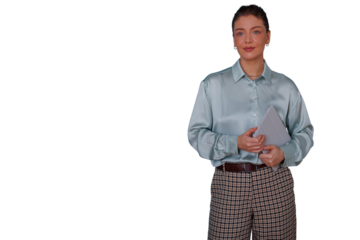Businesswoman standing, holding digital tablet, looking at camera, female professional posing with confidence