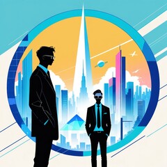 Silhouettes of Business Professionals Against a Colorful Modern City Skyline with Geometric Shapes
